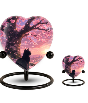 Cherry Blossom Cat Memorial Urn – Black Cat Sunset Heart Urn,Cat Memorial Keepsake Urn for Ashes