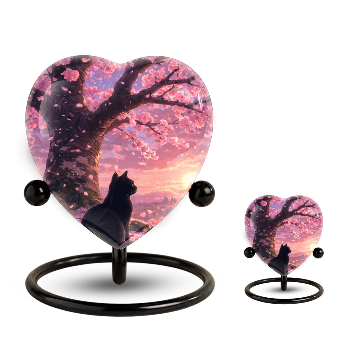 Cherry Blossom Cat Memorial Urn – Black Cat Sunset Heart Urn,Cat Memorial Keepsake Urn for Ashes