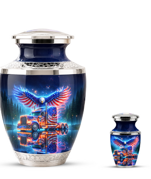 American Truck Cremation Urn for Dad, Truck Driver Patriotic Semi Truck Memorial Keepsake Urn