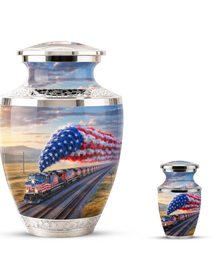 Train Cremation Urn for Dad, Patriotic Railroad Memorial Urn, American Train Keepsake for Father