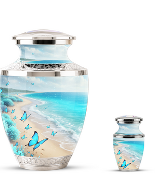 Blue Butterfly Beach Cremation Urn for Ashes - Custom Memorial Urn for Female