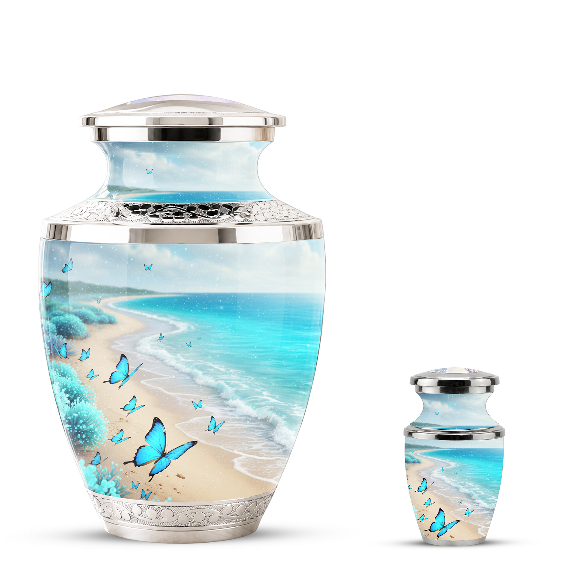 Blue Butterfly Beach Cremation Urn for Ashes - Custom Memorial Urn for Female