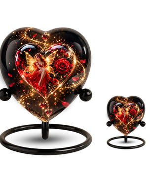 Heart Shaped Fairy Rose Urn for Ashes, Red Rose Cremation Urn