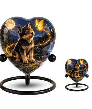 Wolf Memorial Wind Chime – Heart-Shaped Wolf and Butterfly Remembrance Garden Decoration