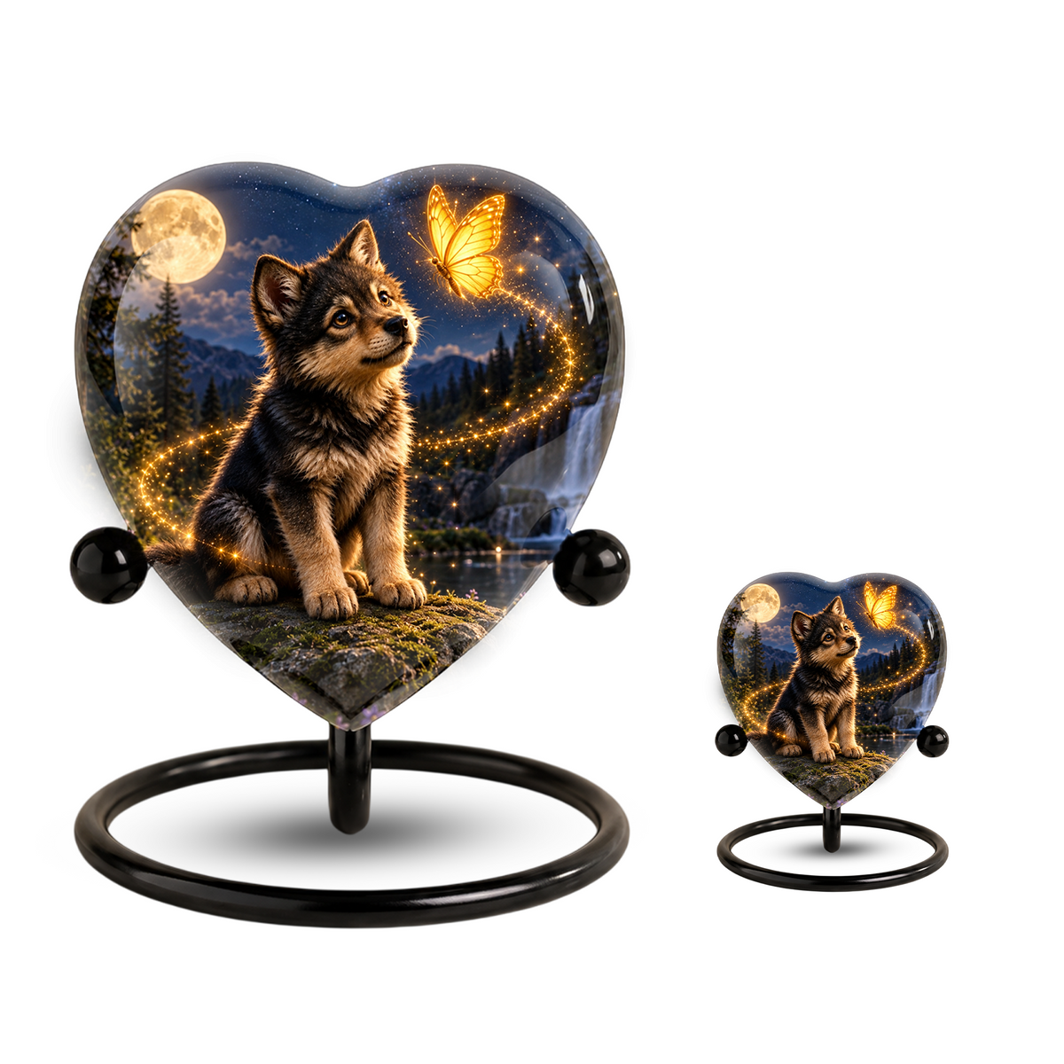 Wolf Memorial Wind Chime – Heart-Shaped Wolf and Butterfly Remembrance Garden Decoration