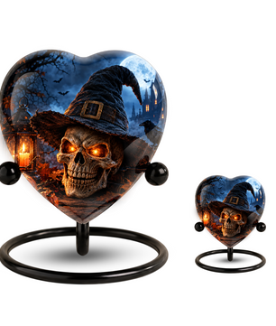 Halloween Skull Cremation Urn for Ashes, Witch Hat Heart Urn, Gothic Memorial Urn, Spooky Halloween Urn, Personalized Skull Urn