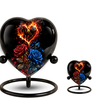 Fire and Roses Adult Cremation Urn for Ashes, Personalized Heart Urn, Red & Blue Rose Memorial Urn, Flame Cremation Urn, Adult Urn