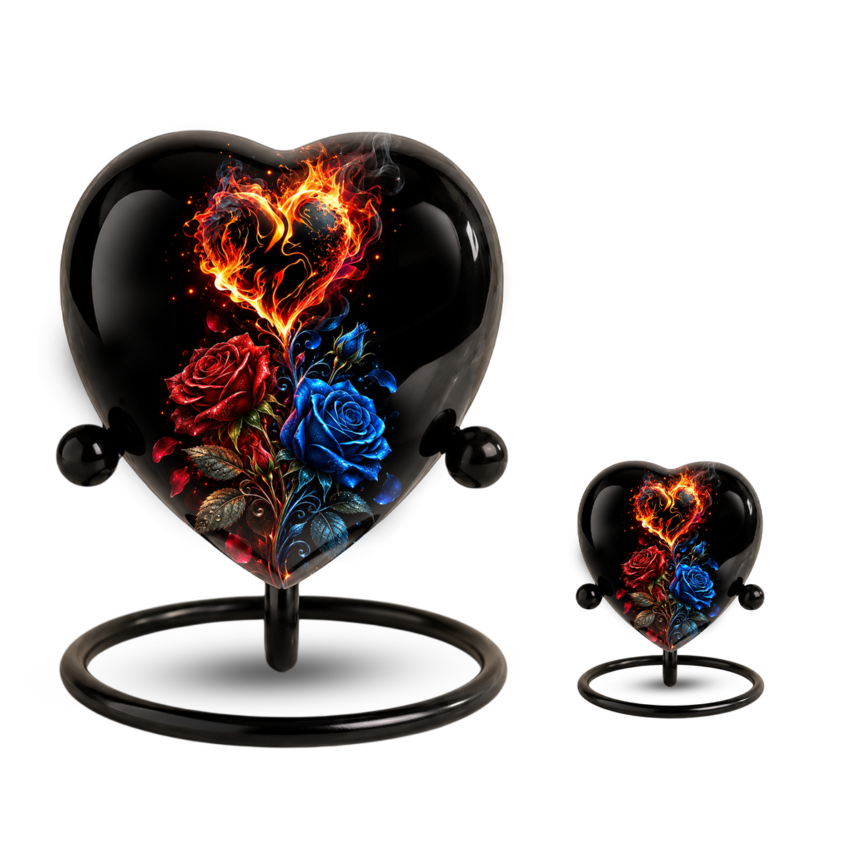 Fire and Roses Adult Cremation Urn for Ashes, Personalized Heart Urn, Red & Blue Rose Memorial Urn, Flame Cremation Urn, Adult Urn