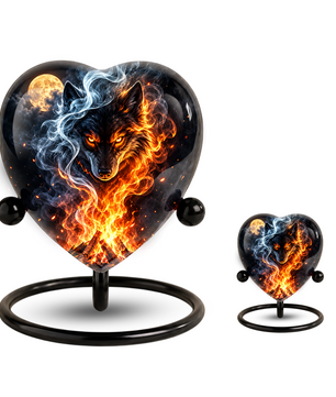 Fire and Ice Wolf Adult Urn for Ashes, Fiery Wolf Memorial Urn, Black Wolf Cremation Urn