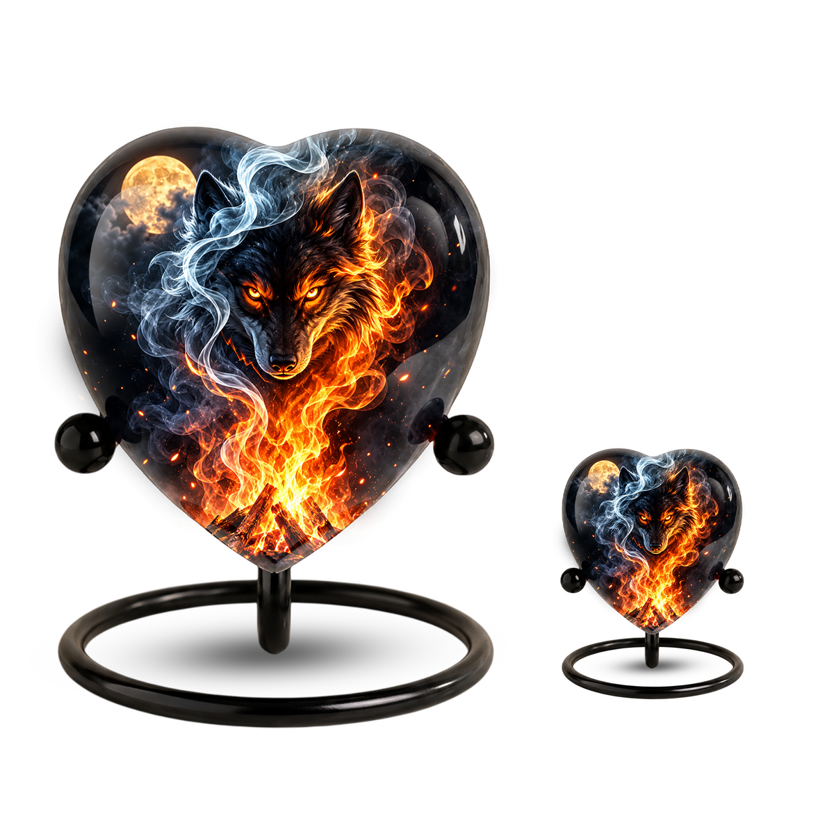 Fire and Ice Wolf Adult Urn for Ashes, Fiery Wolf Memorial Urn, Black Wolf Cremation Urn