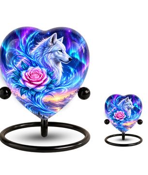 Heart Shaped White Wolf Urn for Ashes, Pink Rose Cremation Urn, Aurora Borealis Wolf Memorial Urn