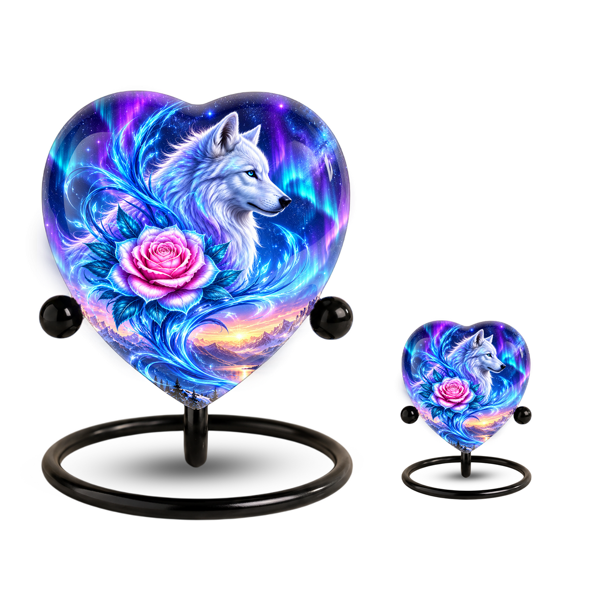 Heart Shaped White Wolf Urn for Ashes, Pink Rose Cremation Urn, Aurora Borealis Wolf Memorial Urn