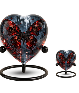 Gothic Butterfly Cremation Urn for Ashes, Skull Butterfly Urn, Red Black Gothic Memorial Urn, Halloween Heart Urn, Personalized Keepsake