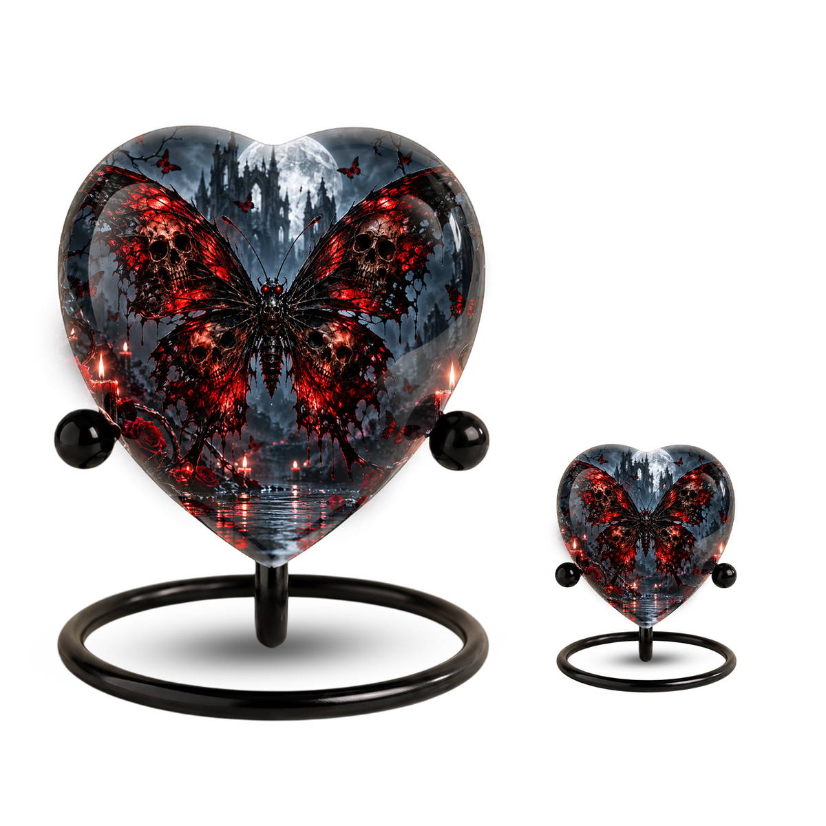 Gothic Butterfly Cremation Urn for Ashes, Skull Butterfly Urn, Red Black Gothic Memorial Urn, Halloween Heart Urn, Personalized Keepsake