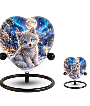 Heart Shaped Wolf Urn for Ashes, White Wolf Puppy Cremation Urn, Northern Lights Pet Memorial Urn