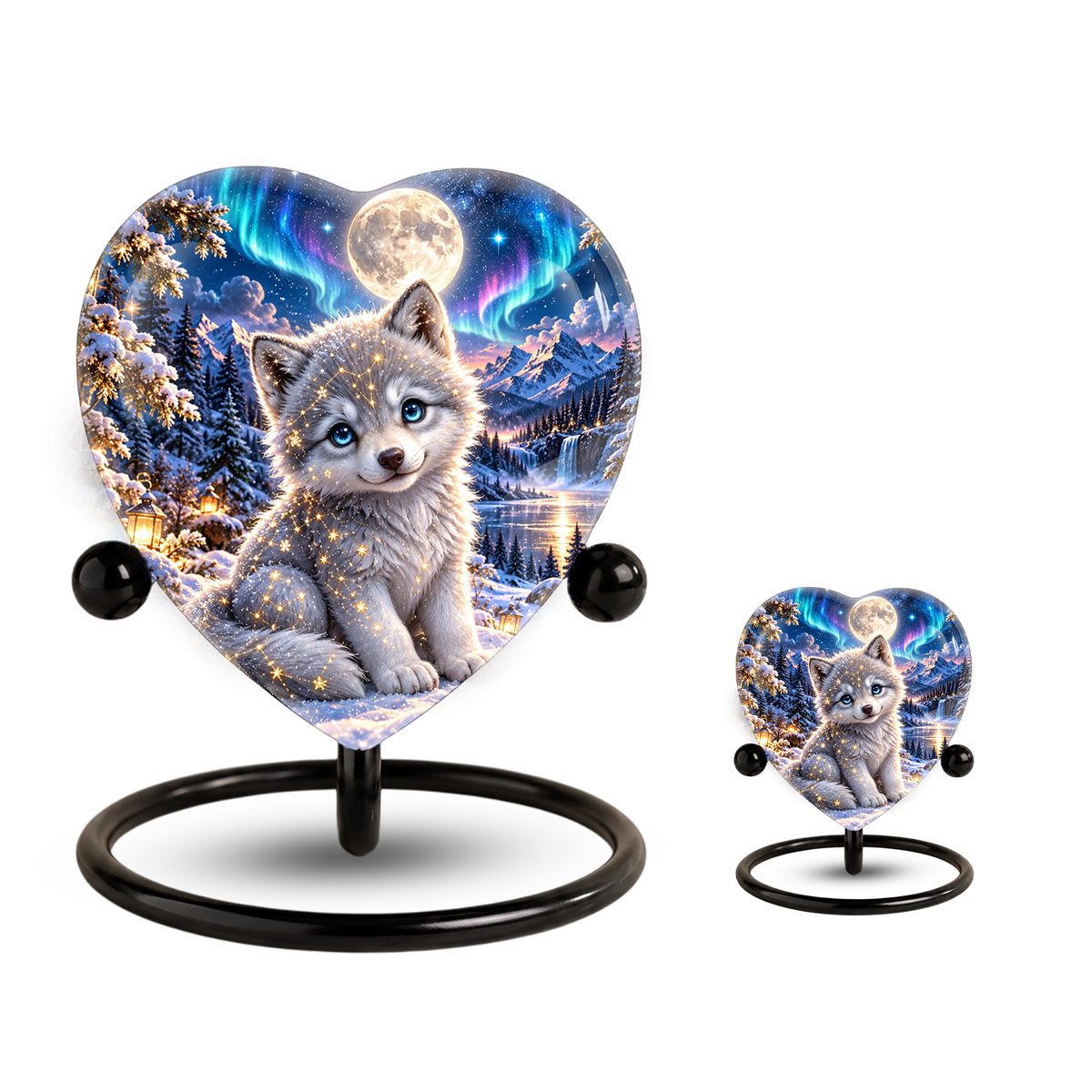Heart Shaped Wolf Urn for Ashes, White Wolf Puppy Cremation Urn, Northern Lights Pet Memorial Urn