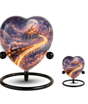 Fantasy Heart Adult Urn for Human Ashes – Enchanted Castle & Train Memorial Adult Cremation Urn