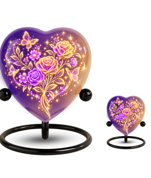 Purple Rose Butterfly Adult Cremation Urn for Ashes, Personalized Floral Adult Urn, Heart Memorial Urn, Rose & Butterfly Cremation Urn
