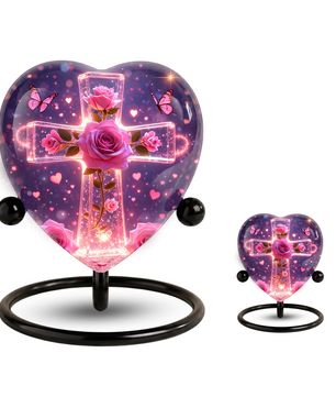 Rose Cross Adult Urn for Ashes, Pink Rose Memorial Adult Cremation Urn, Heart Shaped Urn for Adult Ashes,