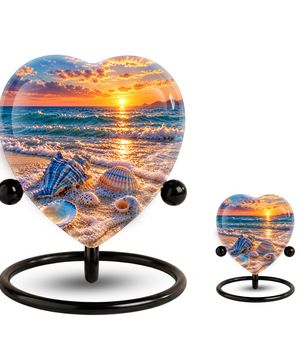 Seashell Beach Cremation Urn for Ashes, Ocean Sunset Memorial Urn, Seashell Urn, Coastal Heart Shaped Cremation Urn