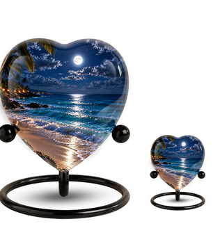 Beach Sunset Heart Cremation Urn for Ashes, Moonlit Ocean Urn, Personalized Coastal Urn