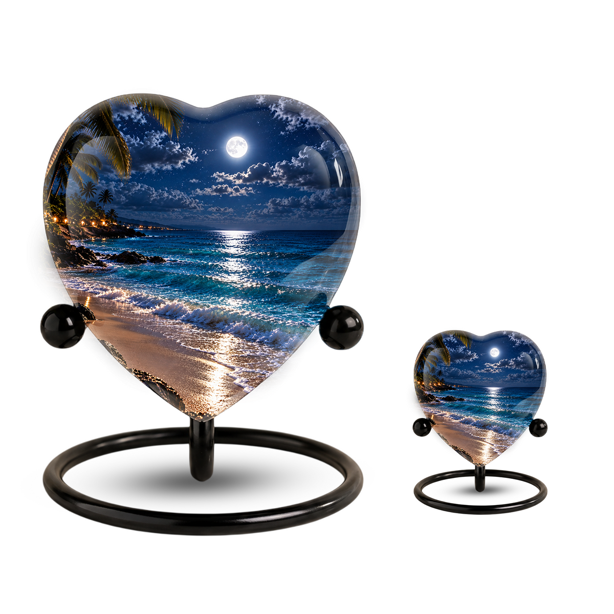 Beach Sunset Heart Cremation Urn for Ashes, Moonlit Ocean Urn, Personalized Coastal Urn