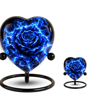 Blue Rose Adult Cremation Urn for Ashes, Personalized Blue Rose Memorial Urn, Heart Shaped Adult Urn, Blue Flower Cremation Urn