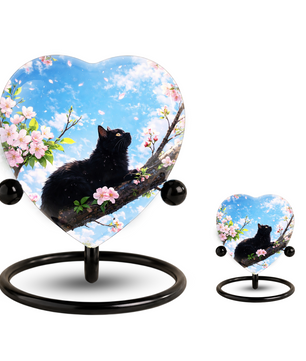 Black Cat Cherry Blossom Heart Memorial Urn – Personalised Cat Urn for Ashes,Cat Memorial Keepsake