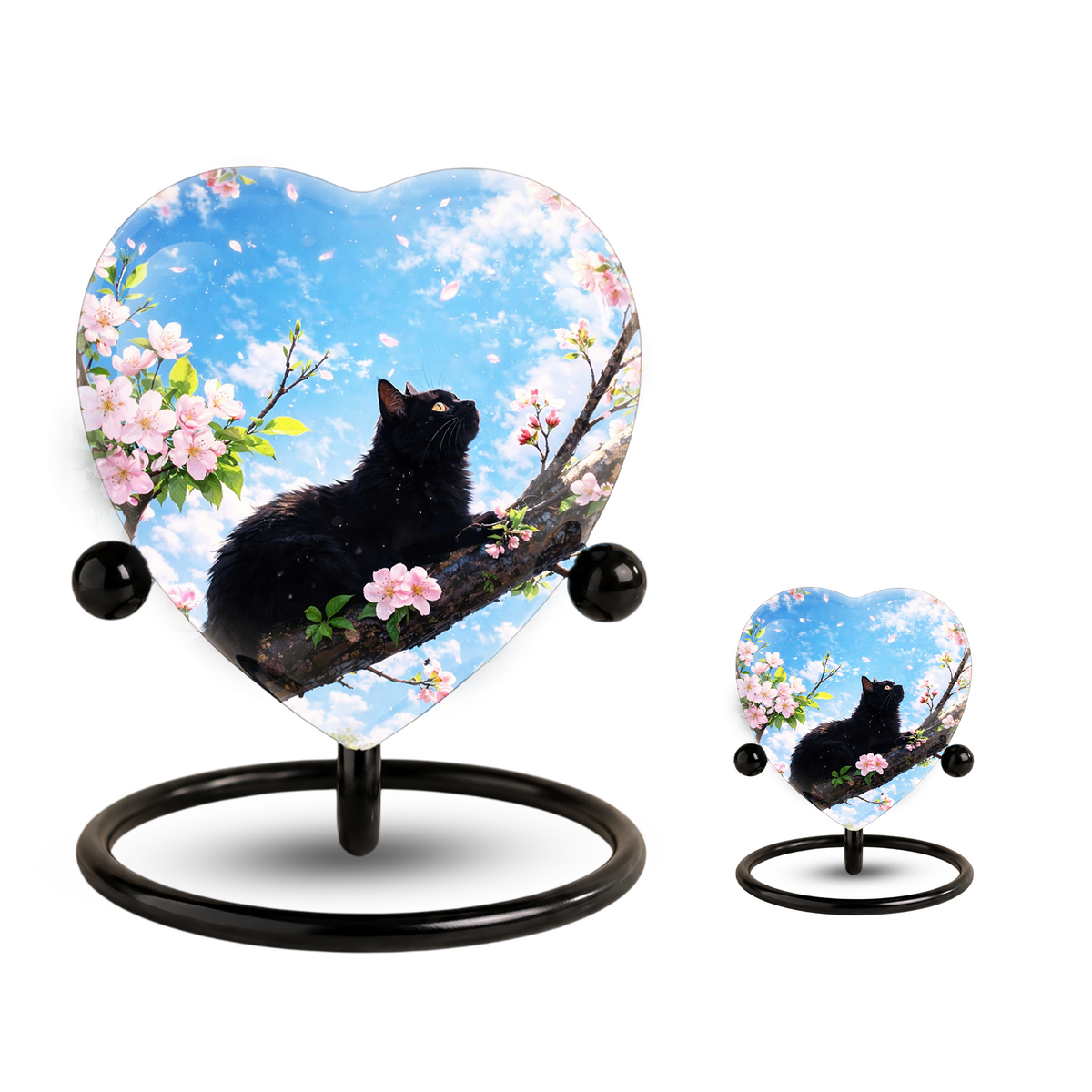 Black Cat Cherry Blossom Heart Memorial Urn – Personalised Cat Urn for Ashes,Cat Memorial Keepsake
