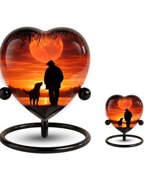 Heart Shaped Urn for Dad – Sunset Memorial Urn with Man & Dog, Personalized Urn for Dad,