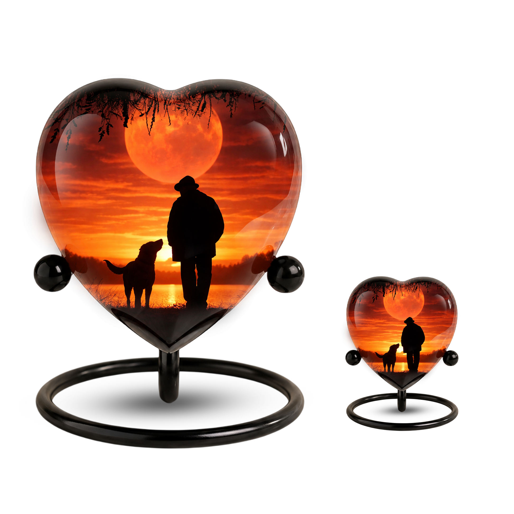 Heart Shaped Urn for Dad – Sunset Memorial Urn with Man & Dog, Personalized Urn for Dad,