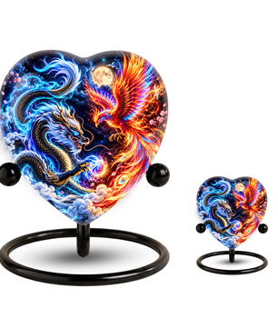 Heart Shaped Dragon and Phoenix Urn for Ashes, Blue Dragon Firebird Cremation Urn, Fantasy Memorial Urn for Human Ashes