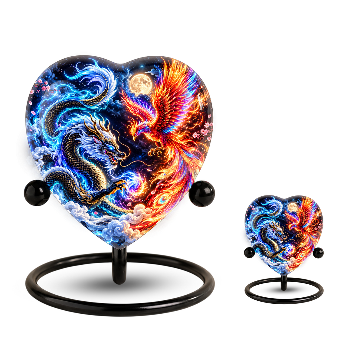 Heart Shaped Dragon and Phoenix Urn for Ashes, Blue Dragon Firebird Cremation Urn, Fantasy Memorial Urn for Human Ashes