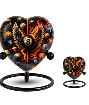 Billiards Cremation Urn, Pool Player Memorial Urn, Heart-Shaped Adult Cremation Urn with Flaming Wings