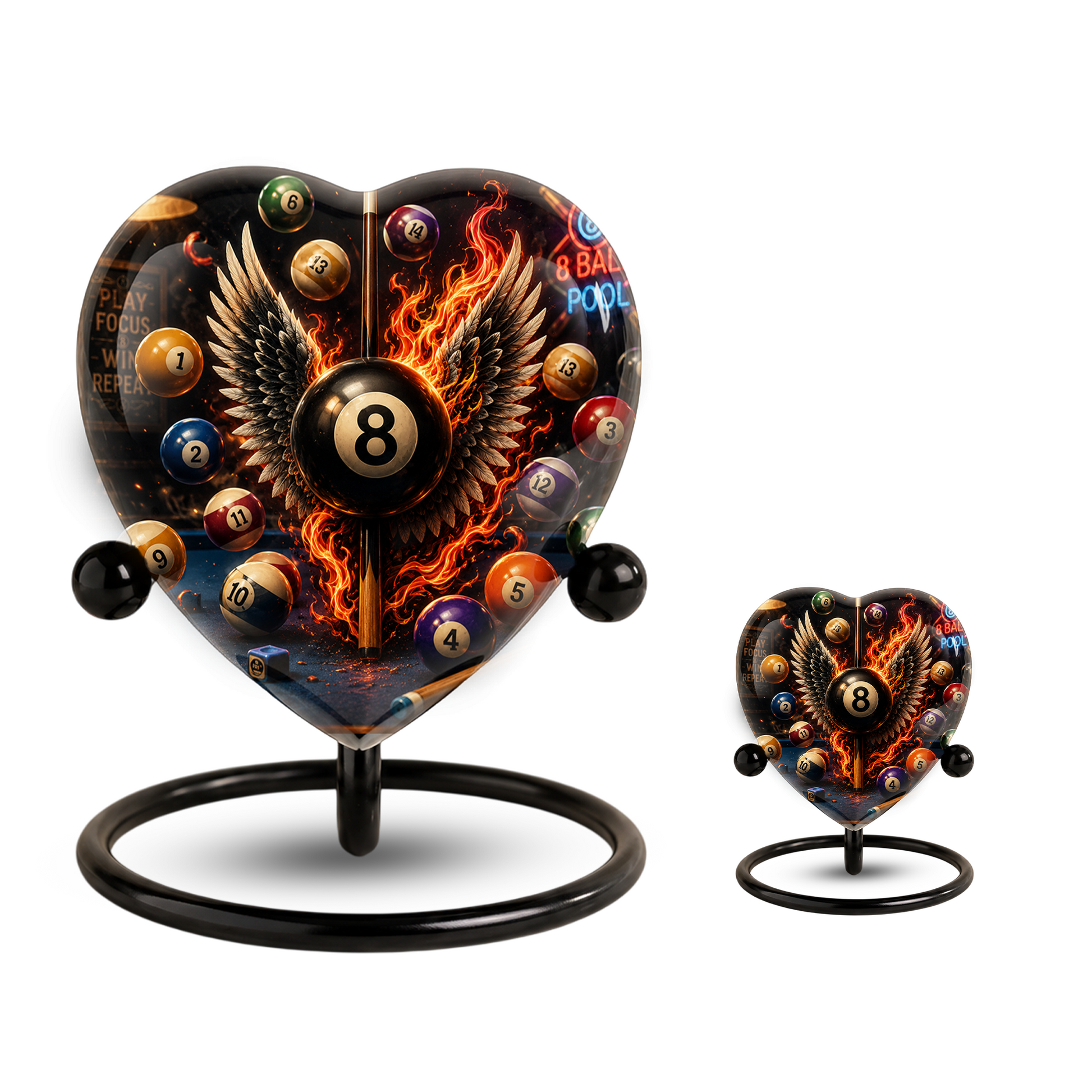 Billiards Cremation Urn, Pool Player Memorial Urn, Heart-Shaped Adult Cremation Urn with Flaming Wings