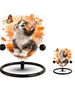 Personalized Cat Urn for Ashes – Autumn Kitten Butterfly Memorial Pet Urn