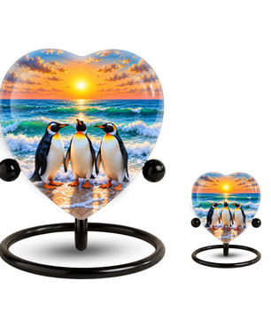 Penguin Beach Cremation Urn for Ashes, Penguin Memorial Urn, Ocean Sunset Urn, Heart Shaped Cremation Urn