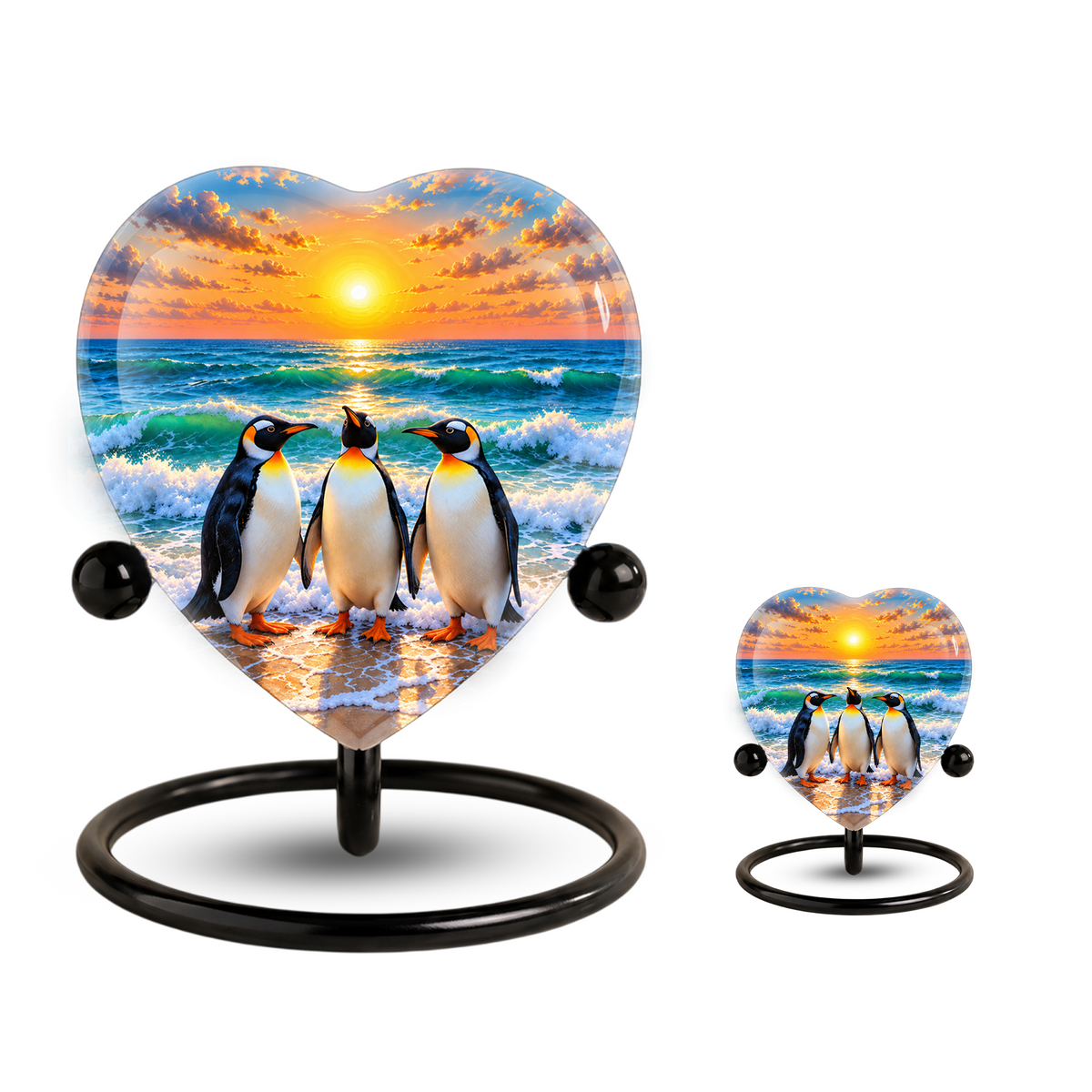 Penguin Beach Cremation Urn for Ashes, Penguin Memorial Urn, Ocean Sunset Urn, Heart Shaped Cremation Urn