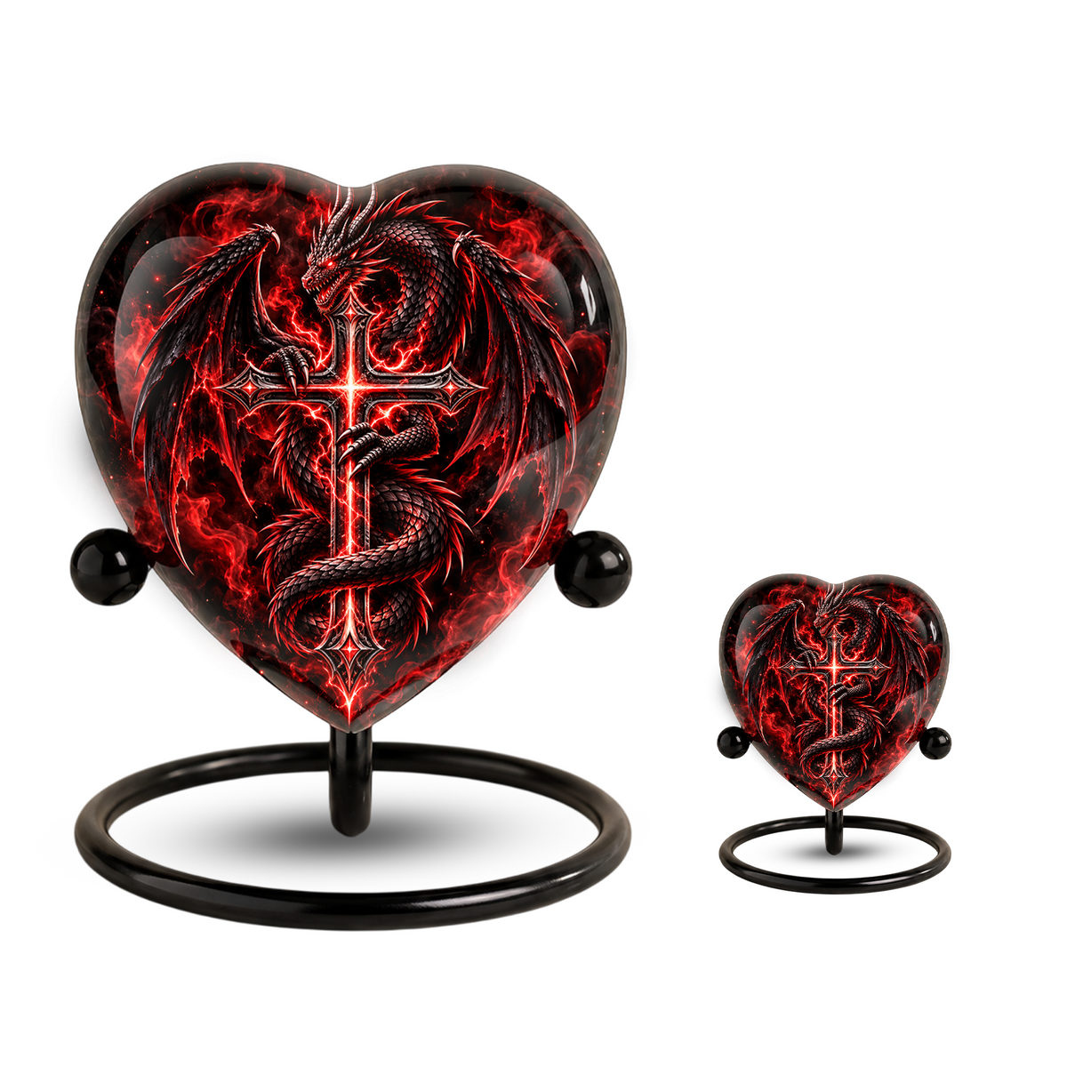 Red Dragon Cremation Urn for Ashes, Dragon Cross Memorial Urn, Gothic Fantasy Adult Urn, Personalized Dragon Urn for Men, Heart Shaped Urn