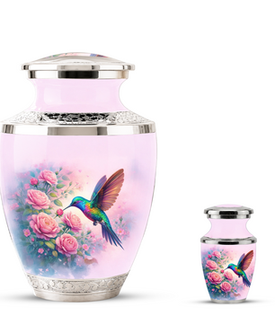 Floral Hummingbird Cremation Urn for Mom, Pink Rose Memorial Keepsake Urn