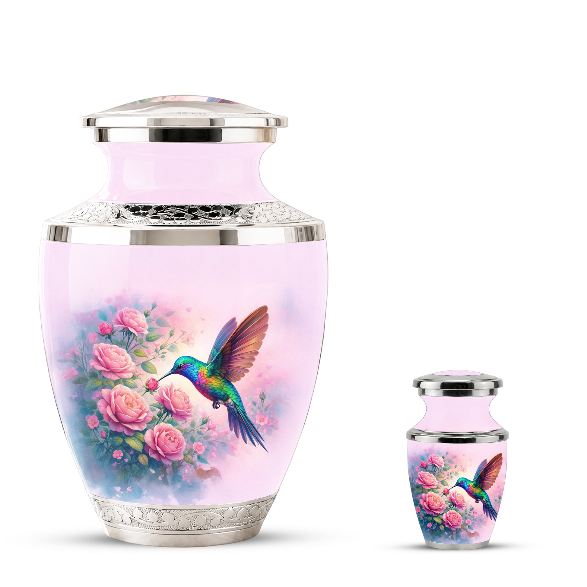 Floral Hummingbird Cremation Urn for Mom, Pink Rose Memorial Keepsake Urn