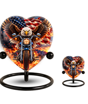 Heart Shaped Eagle Motorcycle Urn for Ashes, American Flag Cremation Urn, Patriotic Biker Memorial Urn for Human Ashes