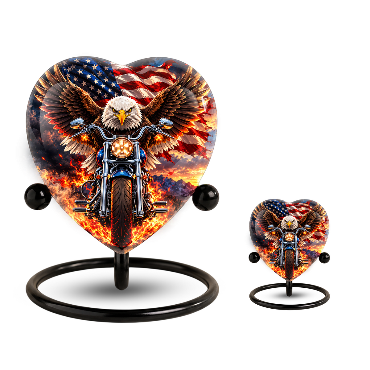 Heart Shaped Eagle Motorcycle Urn for Ashes, American Flag Cremation Urn, Patriotic Biker Memorial Urn for Human Ashes