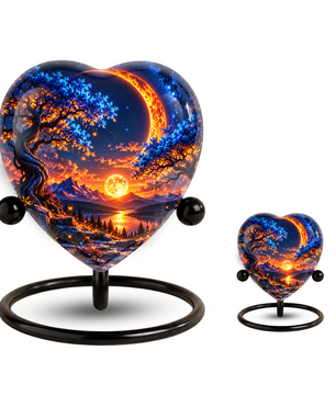 Heart Shaped Moon Urn for Ashes, Celestial Sunset Cremation Urn, Blue Tree and Crescent Moon Memorial Urn