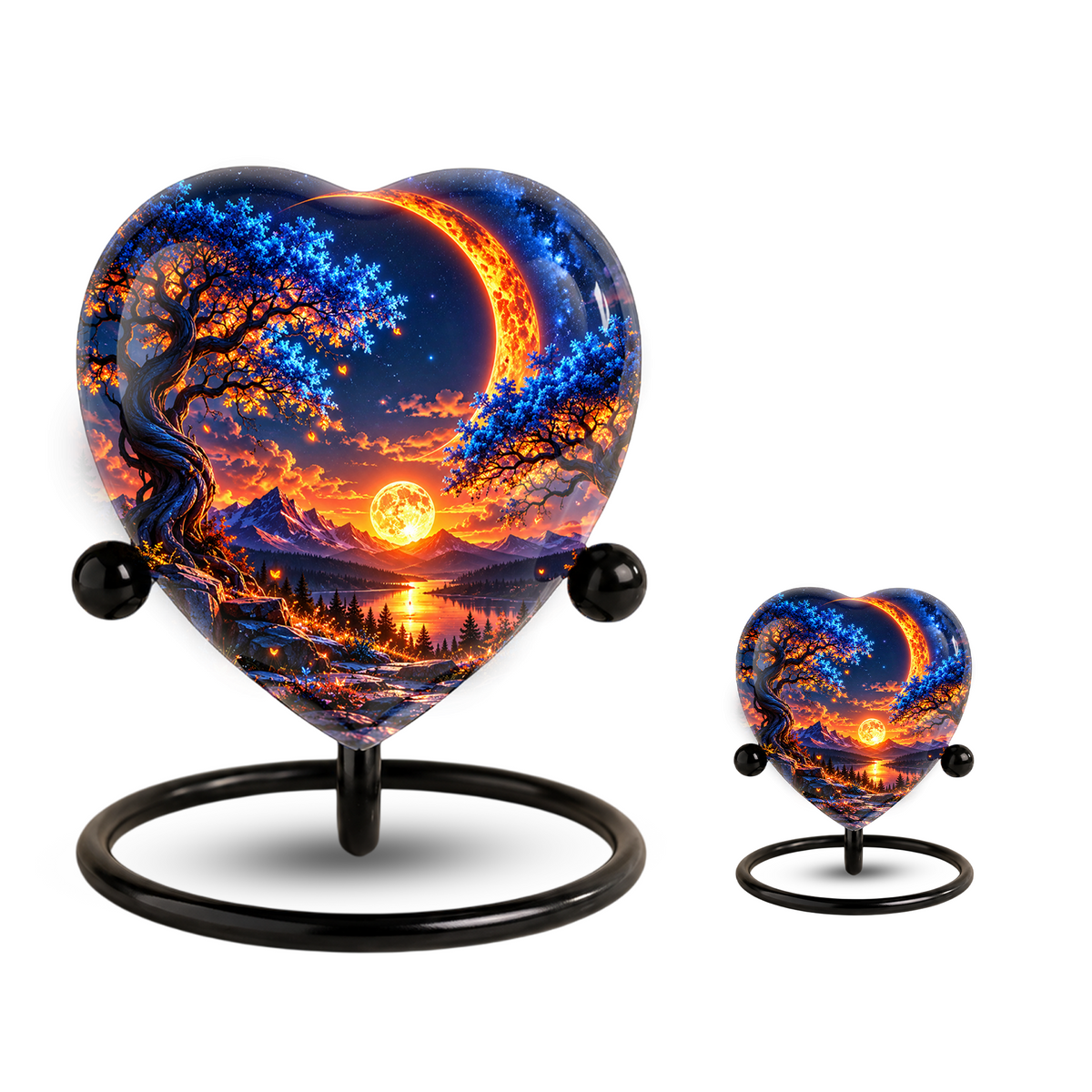 Heart Shaped Moon Urn for Ashes, Celestial Sunset Cremation Urn, Blue Tree and Crescent Moon Memorial Urn