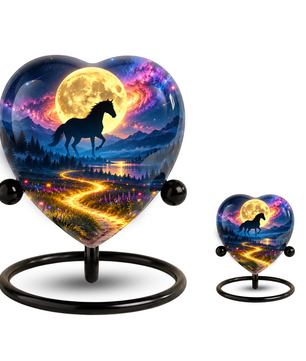 Horse Adult Urn for Ashes, Black Horse and Golden Moon Memorial Urn, Celestial Mountain Cremation Urn
