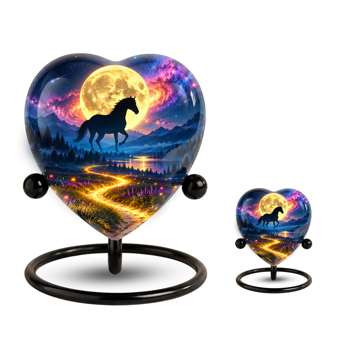 Horse Adult Urn for Ashes, Black Horse and Golden Moon Memorial Urn, Celestial Mountain Cremation Urn