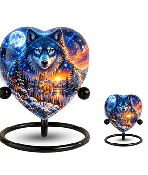 Wolf and Deer Adult Urn for Ashes, Blue Wolf and Fawn Memorial Urn, Celestial Wildlife Cremation Urn
