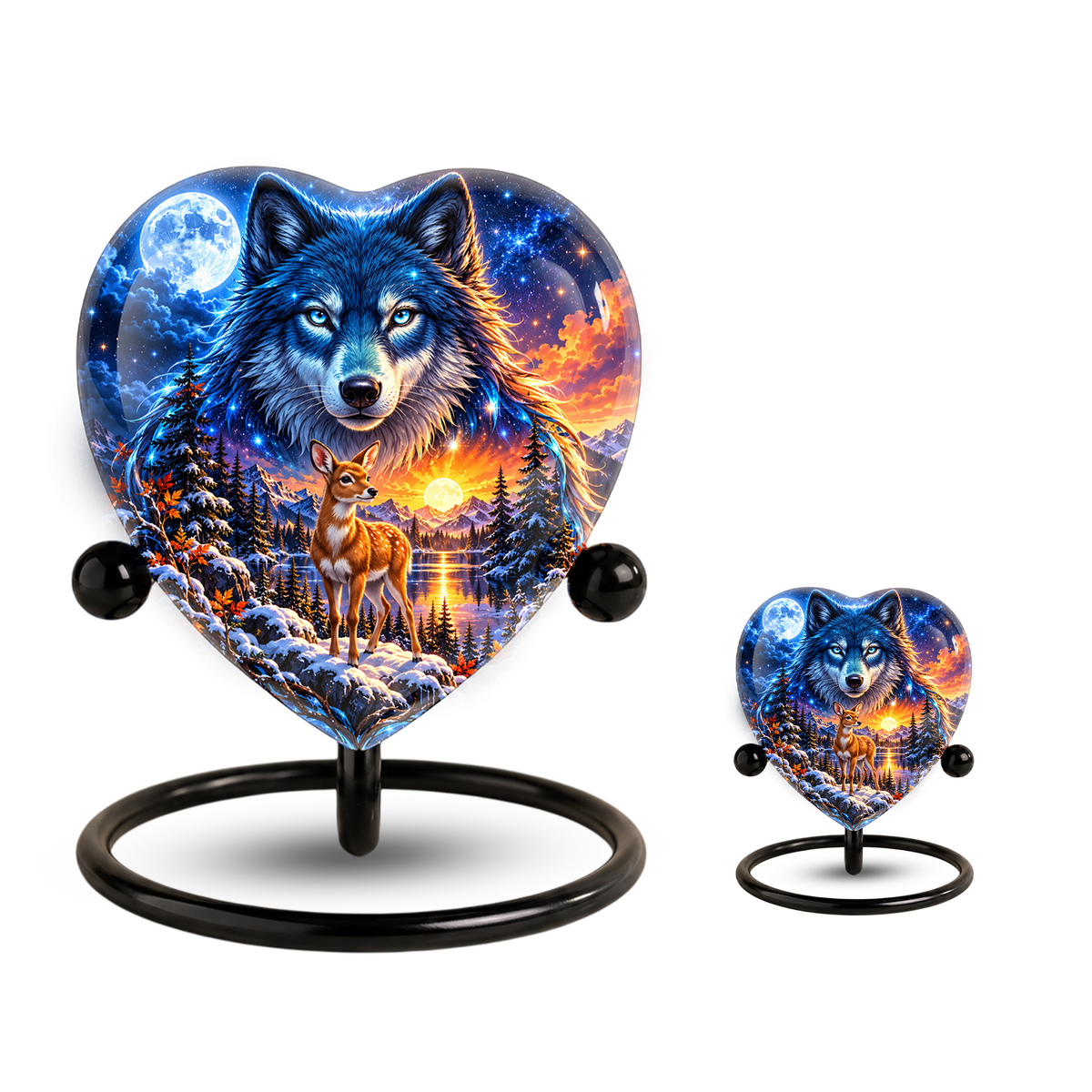 Wolf and Deer Adult Urn for Ashes, Blue Wolf and Fawn Memorial Urn, Celestial Wildlife Cremation Urn