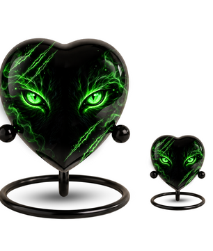 Green Cat Adult Cremation Urn for Ashes, Black Cat Memorial Urn, Gothic Cat Personalized Adult Urn, Heart Shaped Cremation Urn